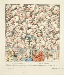 キャラクターと似顔絵、1743年4月に出版されたイラスト、「復元されたホガース：有名なウィリアムホガースの全作品、トーマスクックによって再彫刻された」、パブ。 1812（手塗りのエングラ